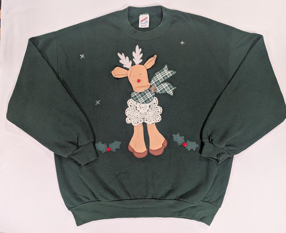 Vintage Jerzees Sweater Womens XL Green Reindeer Ugly Christmas Fleece Pullover